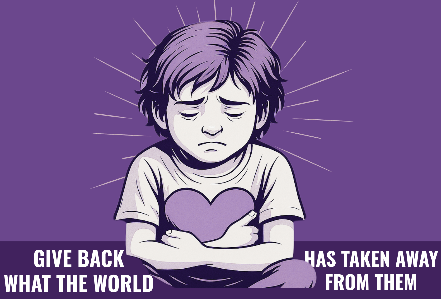 Imagen que muestra a un niño triste sentado, con los brazos envueltos alrededor de un corazón, simbolizando la pérdida y la necesidad de devolverle lo que el mundo le ha quitado.
