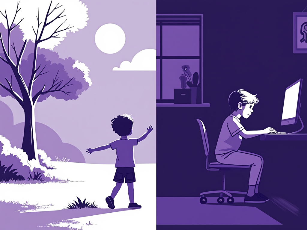 Imagen de una escena dividida que muestra, por un lado, a un niño jugando al aire libre feliz bajo el sol y, por otro, a un niño sentado solo en una habitación poco iluminada.