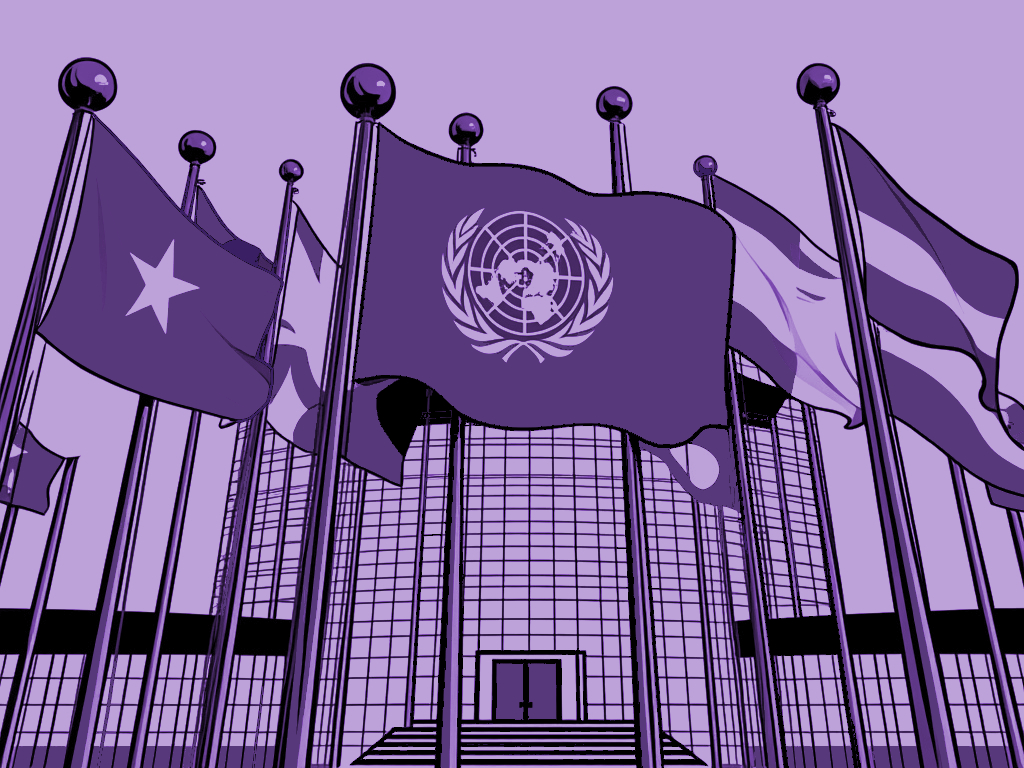 Imagen de la bandera de las naciones unidas junto con otras banderas.